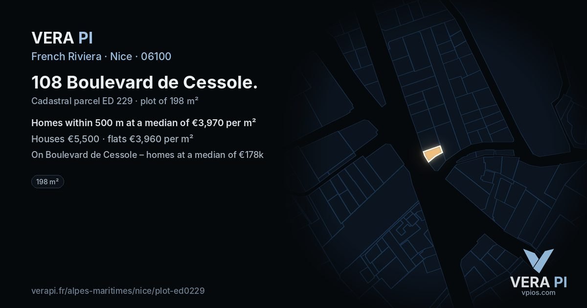 108 Boulevard de Cessole, Nice at night – the plot lit, the parcels around coloured by the prices near them