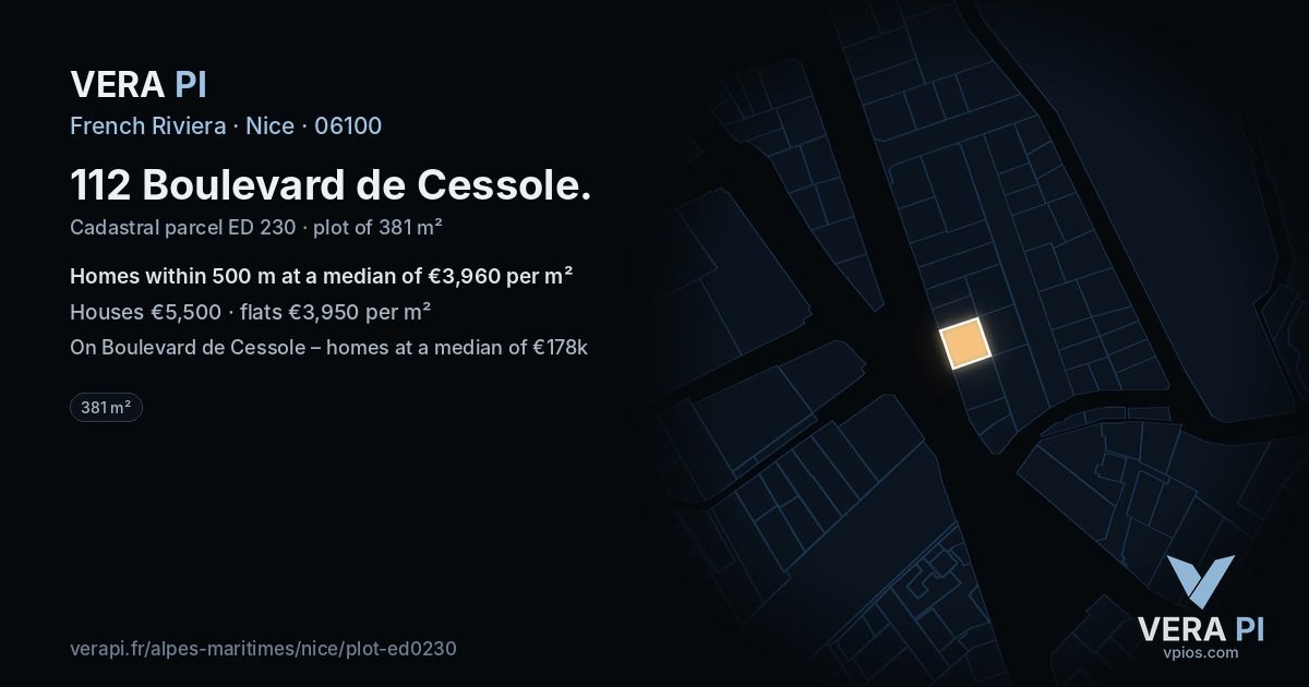 112 Boulevard de Cessole, Nice at night – the plot lit, the parcels around coloured by the prices near them