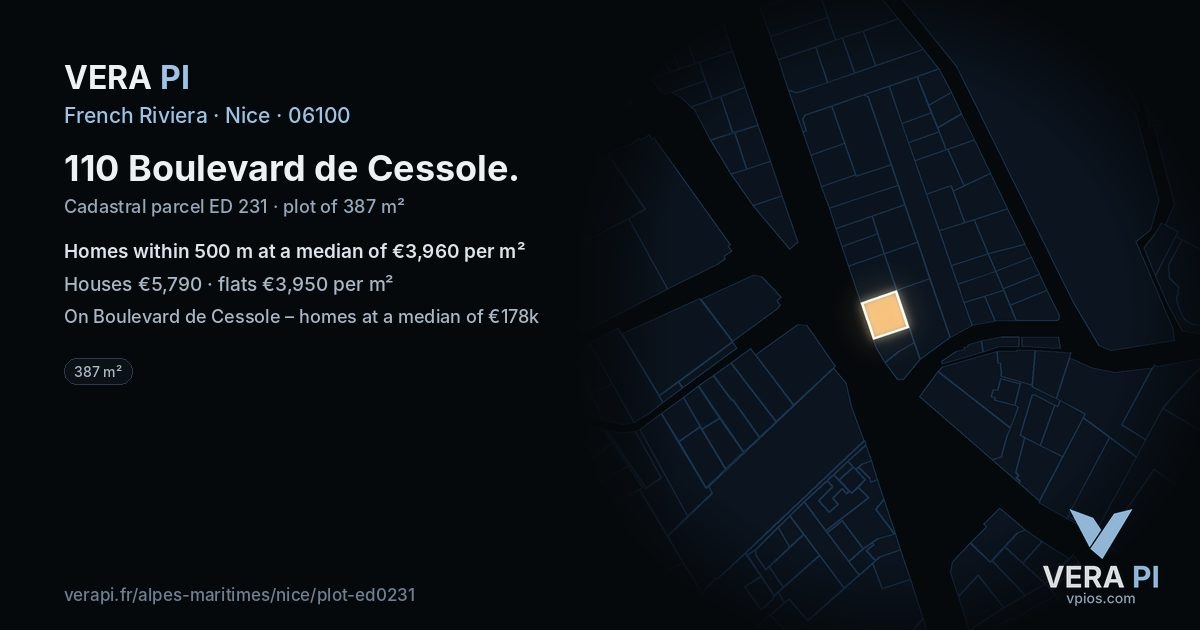 110 Boulevard de Cessole, Nice at night – the plot lit, the parcels around coloured by the prices near them