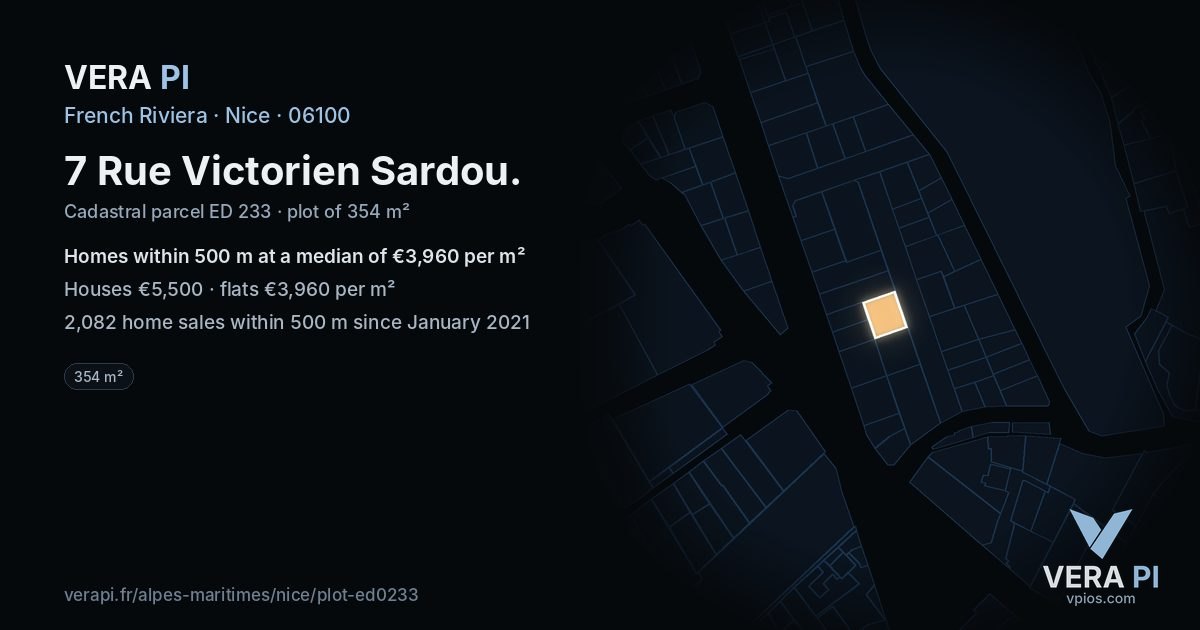 7 Rue Victorien Sardou, Nice at night – the plot lit, the parcels around coloured by the prices near them