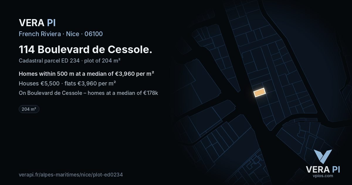 114 Boulevard de Cessole, Nice at night – the plot lit, the parcels around coloured by the prices near them