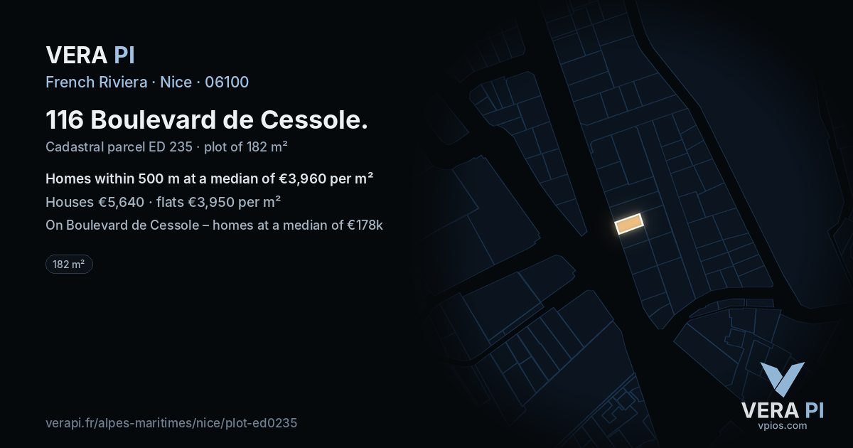 116 Boulevard de Cessole, Nice at night – the plot lit, the parcels around coloured by the prices near them