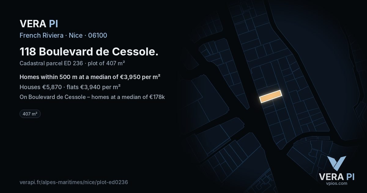 118 Boulevard de Cessole, Nice at night – the plot lit, the parcels around coloured by the prices near them