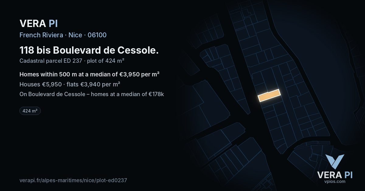 118 bis Boulevard de Cessole, Nice at night – the plot lit, the parcels around coloured by the prices near them