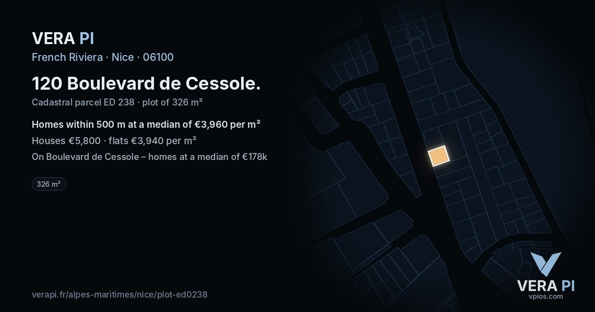 120 Boulevard de Cessole, Nice at night – the plot lit, the parcels around coloured by the prices near them