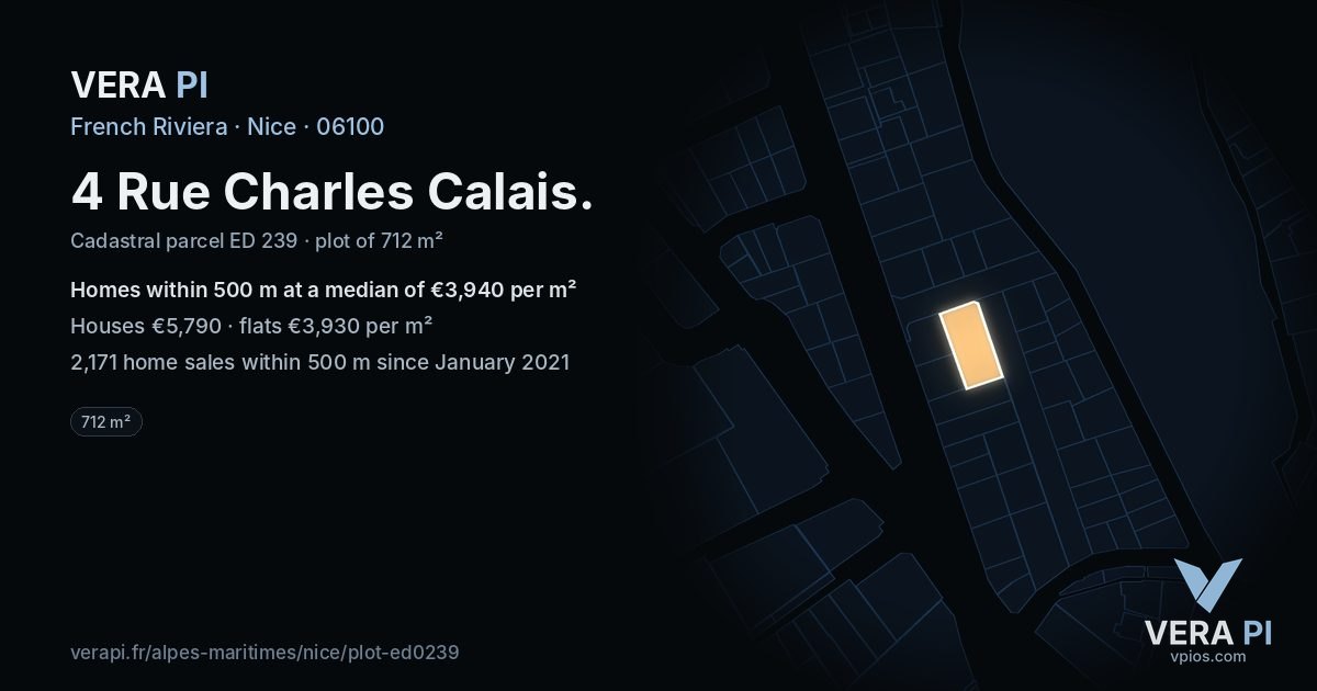 4 Rue Charles Calais, Nice at night – the plot lit, the parcels around coloured by the prices near them