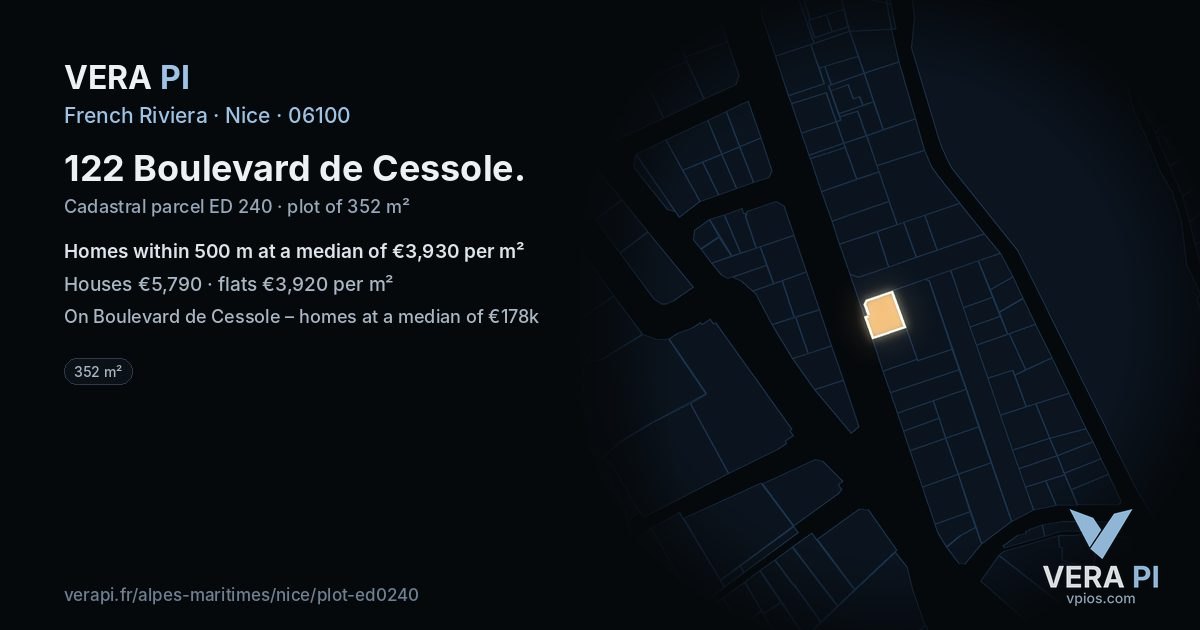 122 Boulevard de Cessole, Nice at night – the plot lit, the parcels around coloured by the prices near them
