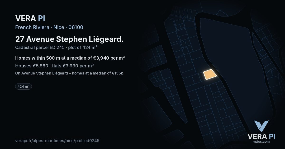 27 Avenue Stephen Liégeard, Nice at night – the plot lit, the parcels around coloured by the prices near them