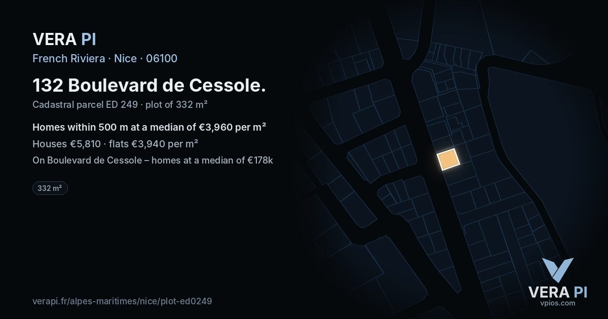 132 Boulevard de Cessole, Nice at night – the plot lit, the parcels around coloured by the prices near them