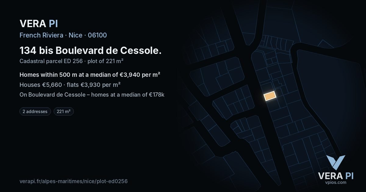 134 bis Boulevard de Cessole, Nice at night – the plot lit, the parcels around coloured by the prices near them