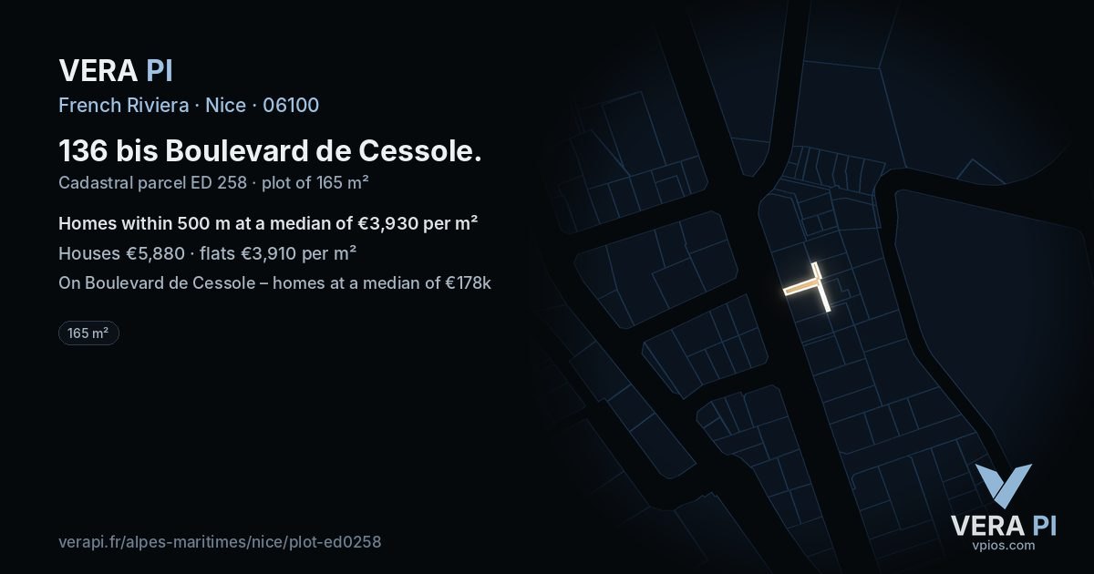 136 bis Boulevard de Cessole, Nice at night – the plot lit, the parcels around coloured by the prices near them