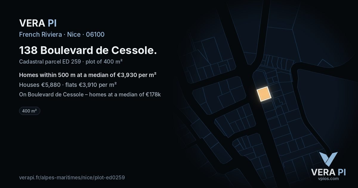138 Boulevard de Cessole, Nice at night – the plot lit, the parcels around coloured by the prices near them
