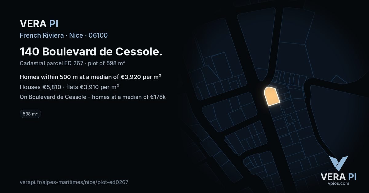 140 Boulevard de Cessole, Nice at night – the plot lit, the parcels around coloured by the prices near them