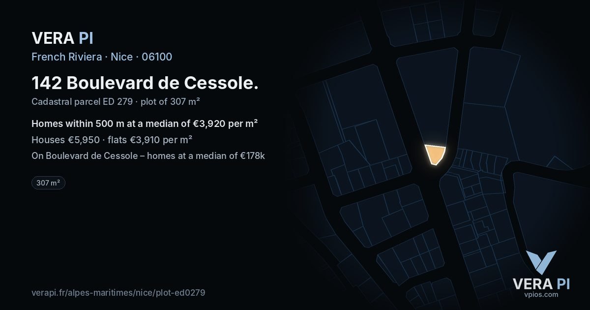 142 Boulevard de Cessole, Nice at night – the plot lit, the parcels around coloured by the prices near them