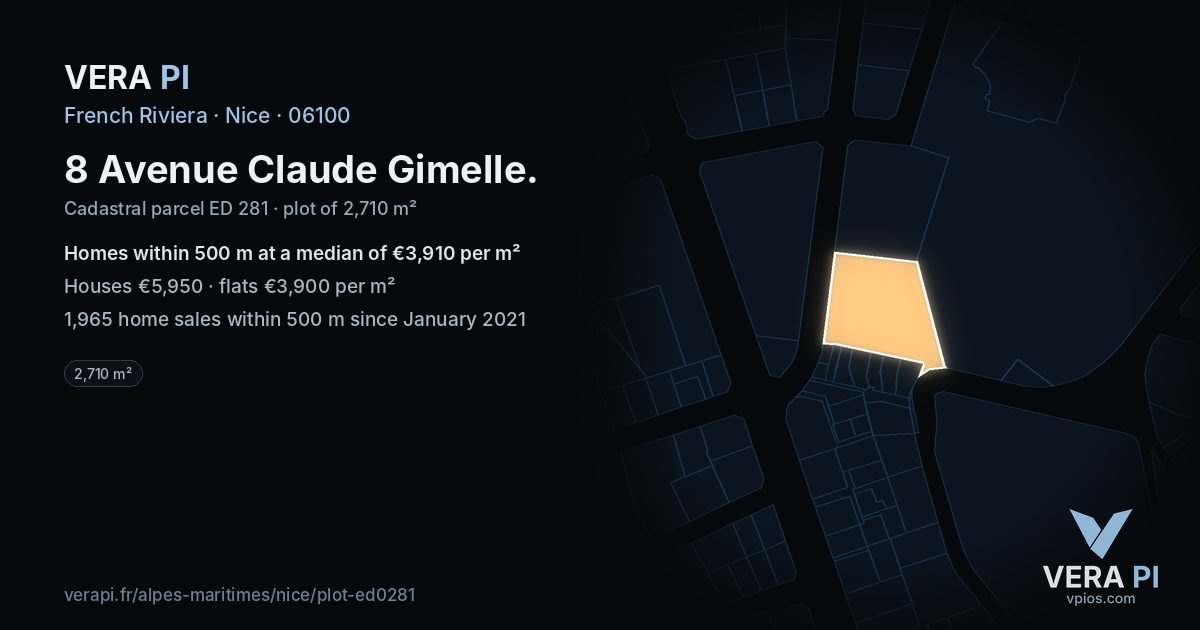 8 Avenue Claude Gimelle, Nice at night – the plot lit, the parcels around coloured by the prices near them