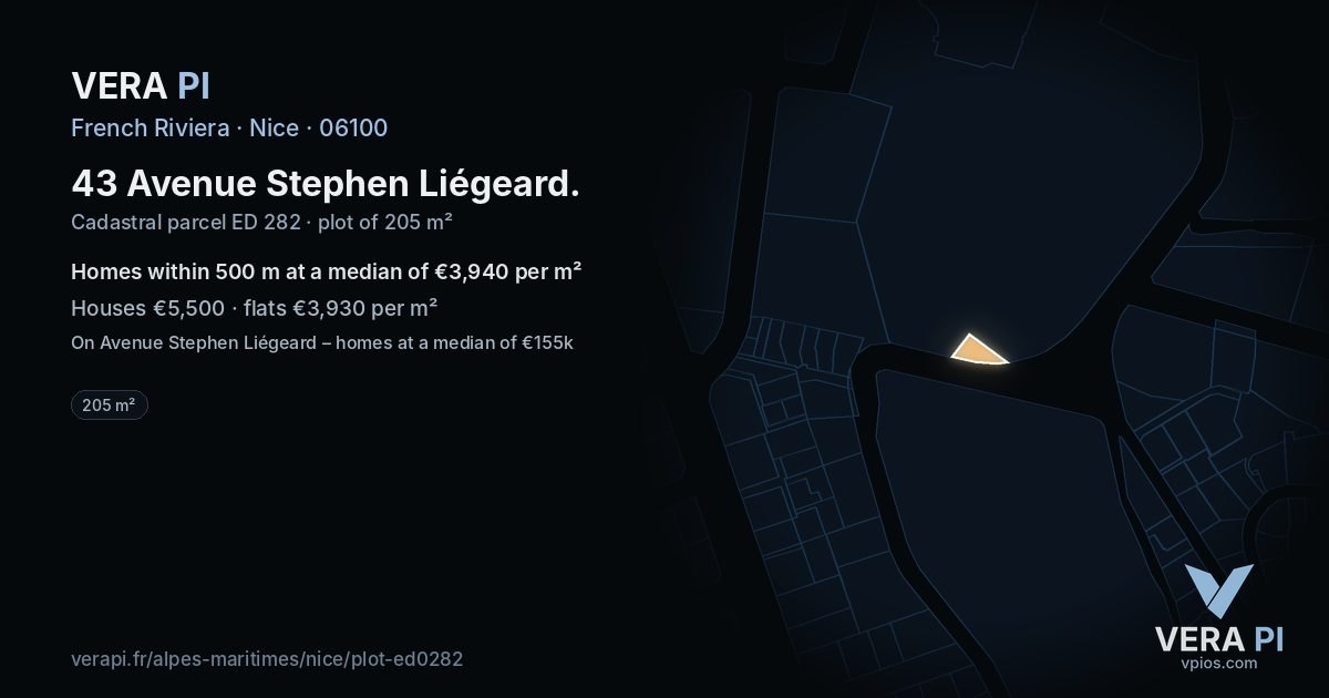 43 Avenue Stephen Liégeard, Nice at night – the plot lit, the parcels around coloured by the prices near them