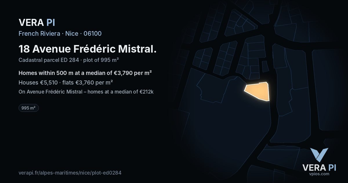 18 Avenue Frédéric Mistral, Nice at night – the plot lit, the parcels around coloured by the prices near them