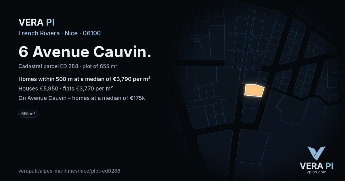 6 Avenue Cauvin, Nice at night – the plot lit, the parcels around coloured by the prices near them