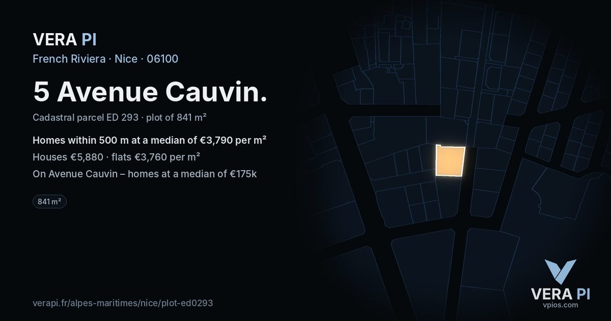 5 Avenue Cauvin, Nice at night – the plot lit, the parcels around coloured by the prices near them