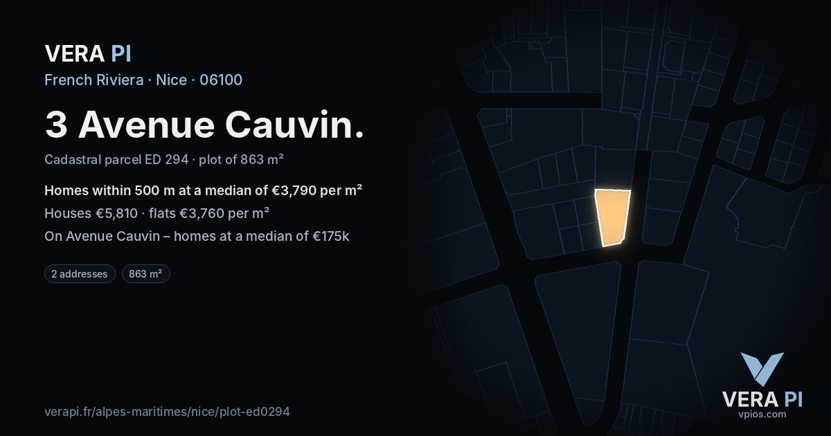 3 Avenue Cauvin, Nice at night – the plot lit, the parcels around coloured by the prices near them