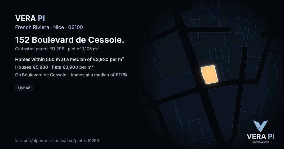 152 Boulevard de Cessole, Nice at night – the plot lit, the parcels around coloured by the prices near them