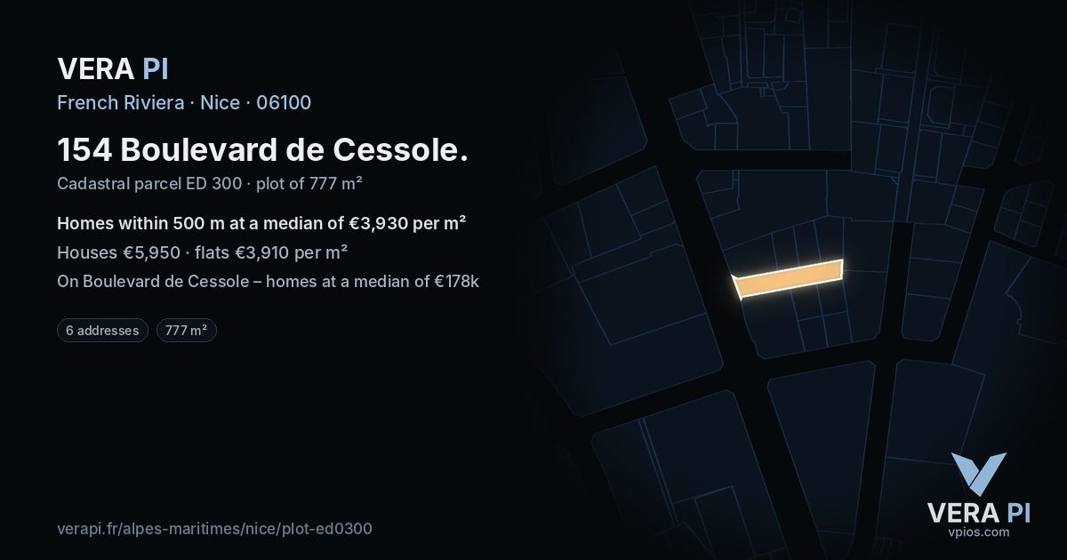154 Boulevard de Cessole, Nice at night – the plot lit, the parcels around coloured by the prices near them
