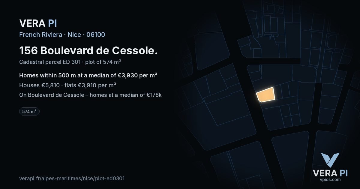 156 Boulevard de Cessole, Nice at night – the plot lit, the parcels around coloured by the prices near them