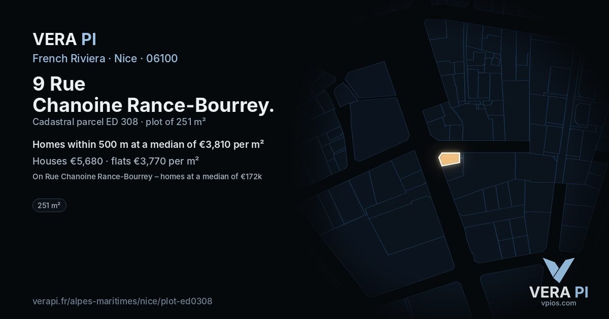 9 Rue Chanoine Rance-Bourrey, Nice at night – the plot lit, the parcels around coloured by the prices near them