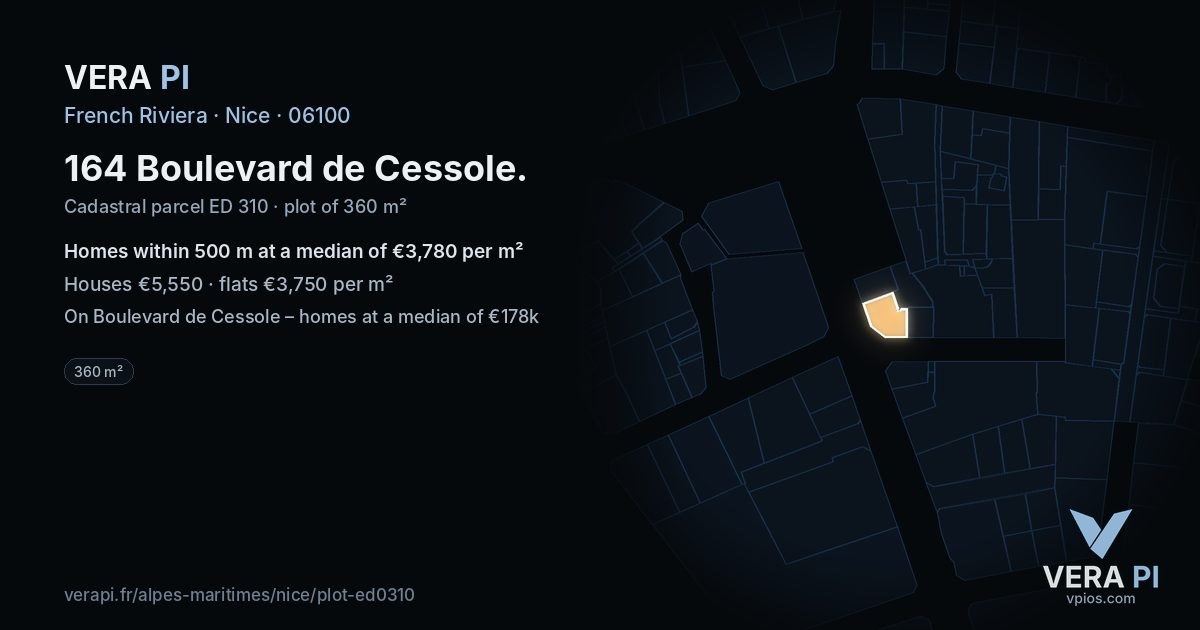 164 Boulevard de Cessole, Nice at night – the plot lit, the parcels around coloured by the prices near them