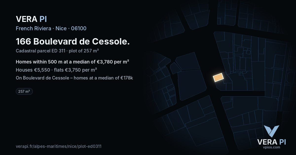 166 Boulevard de Cessole, Nice at night – the plot lit, the parcels around coloured by the prices near them