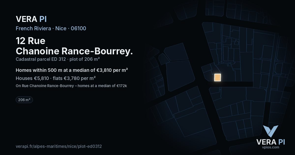 12 Rue Chanoine Rance-Bourrey, Nice at night – the plot lit, the parcels around coloured by the prices near them
