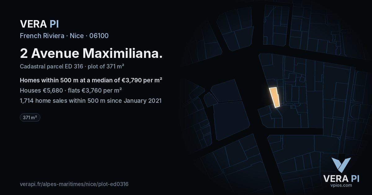 2 Avenue Maximiliana, Nice at night – the plot lit, the parcels around coloured by the prices near them