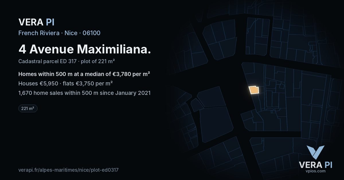 4 Avenue Maximiliana, Nice at night – the plot lit, the parcels around coloured by the prices near them