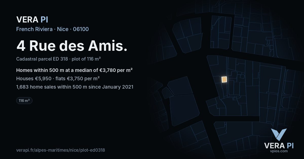 4 Rue des Amis, Nice at night – the plot lit, the parcels around coloured by the prices near them