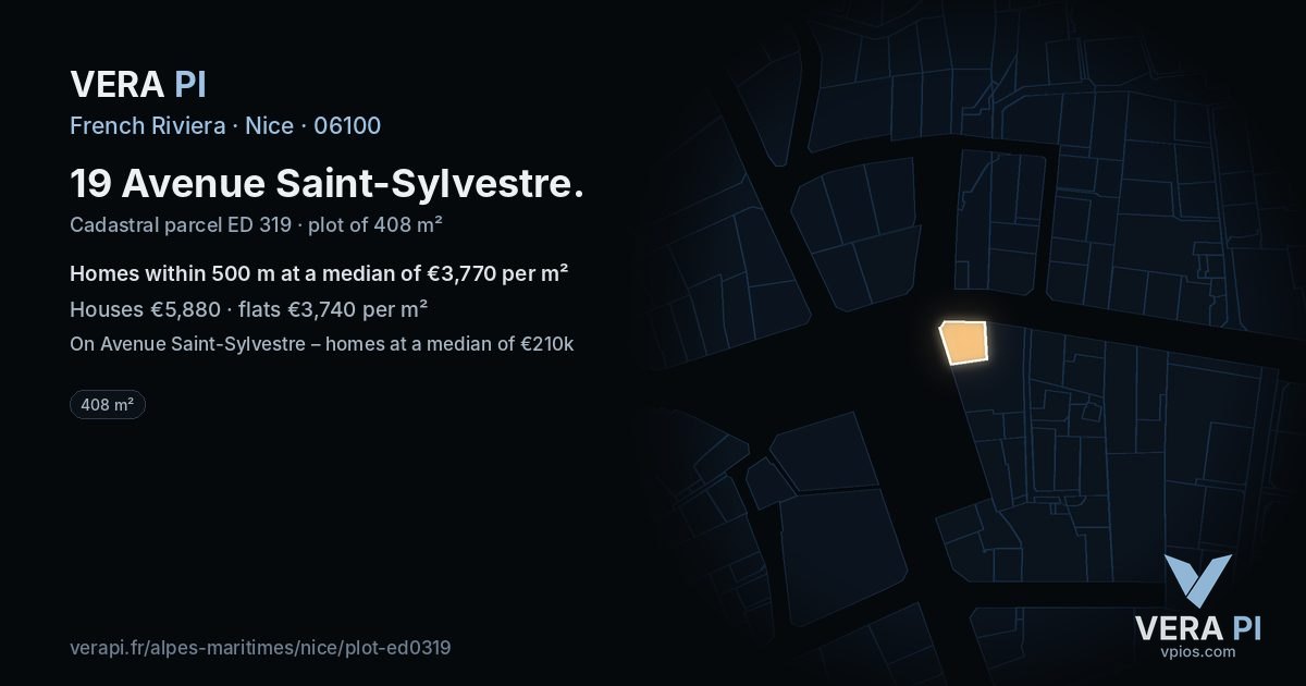 19 Avenue Saint-Sylvestre, Nice at night – the plot lit, the parcels around coloured by the prices near them