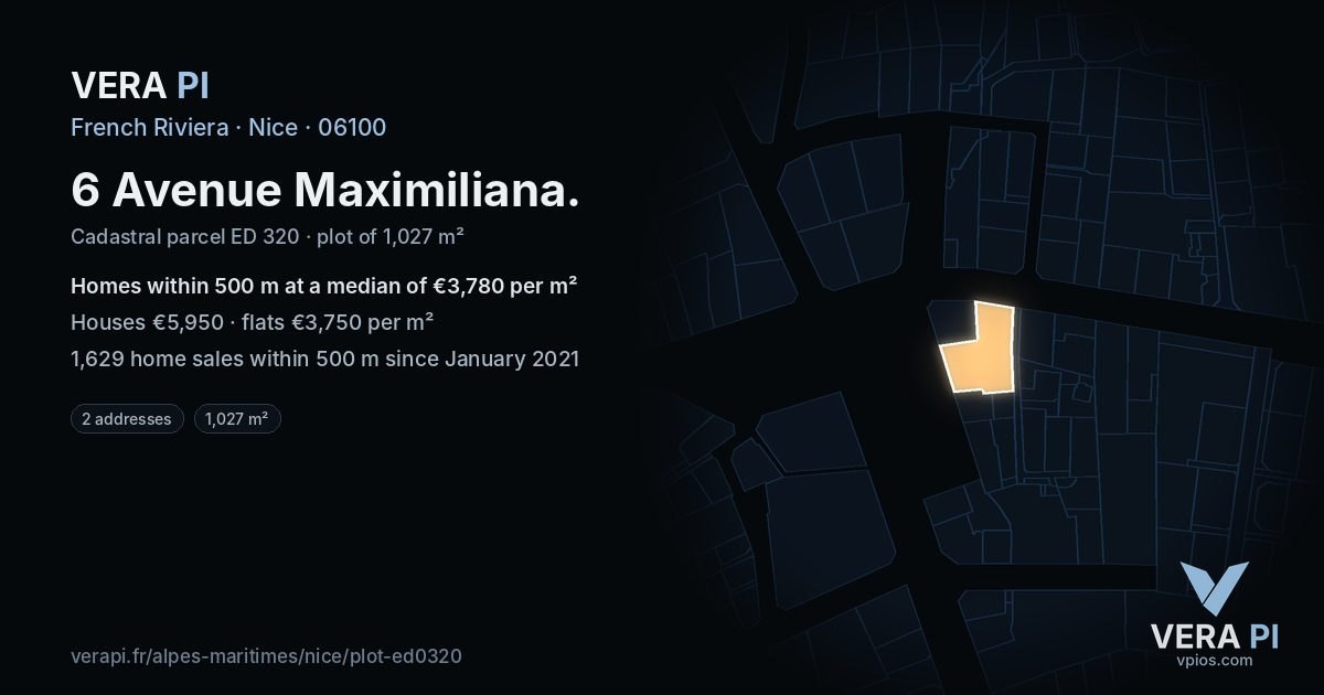6 Avenue Maximiliana, Nice at night – the plot lit, the parcels around coloured by the prices near them