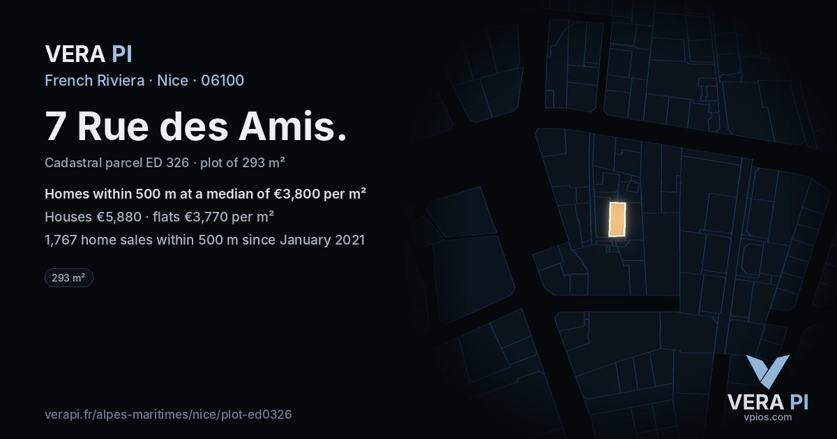7 Rue des Amis, Nice at night – the plot lit, the parcels around coloured by the prices near them