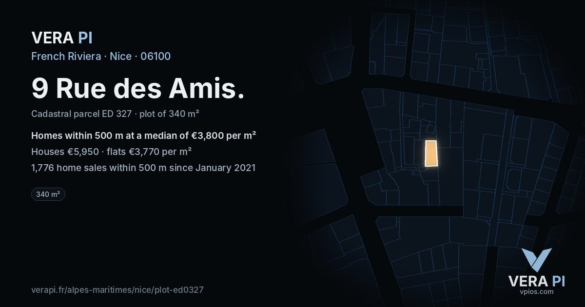 9 Rue des Amis, Nice at night – the plot lit, the parcels around coloured by the prices near them