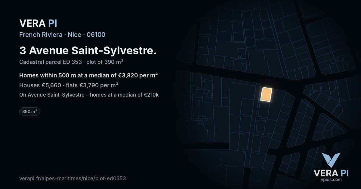 3 Avenue Saint-Sylvestre, Nice at night – the plot lit, the parcels around coloured by the prices near them