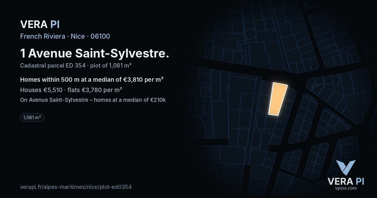 1 Avenue Saint-Sylvestre, Nice at night – the plot lit, the parcels around coloured by the prices near them