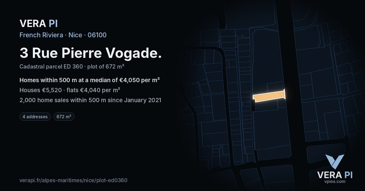 3 Rue Pierre Vogade, Nice at night – the plot lit, the parcels around coloured by the prices near them