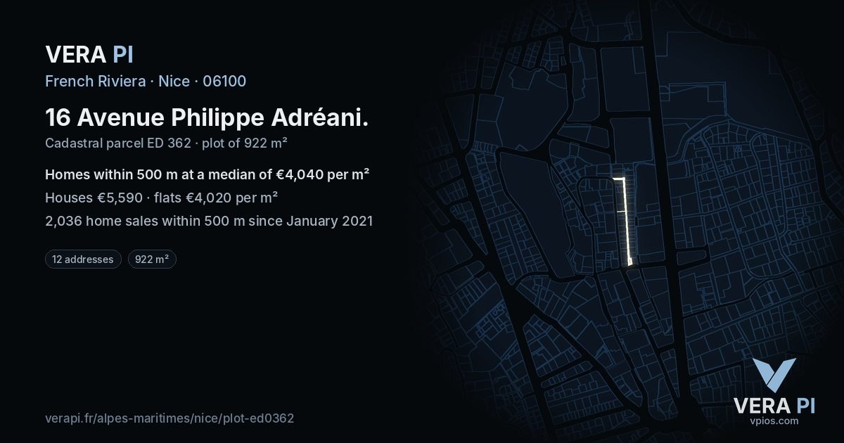 16 Avenue Philippe Adréani, Nice at night – the plot lit, the parcels around coloured by the prices near them