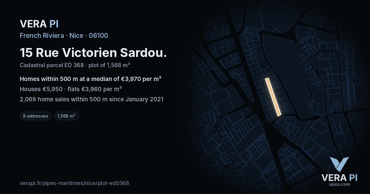 15 Rue Victorien Sardou, Nice at night – the plot lit, the parcels around coloured by the prices near them
