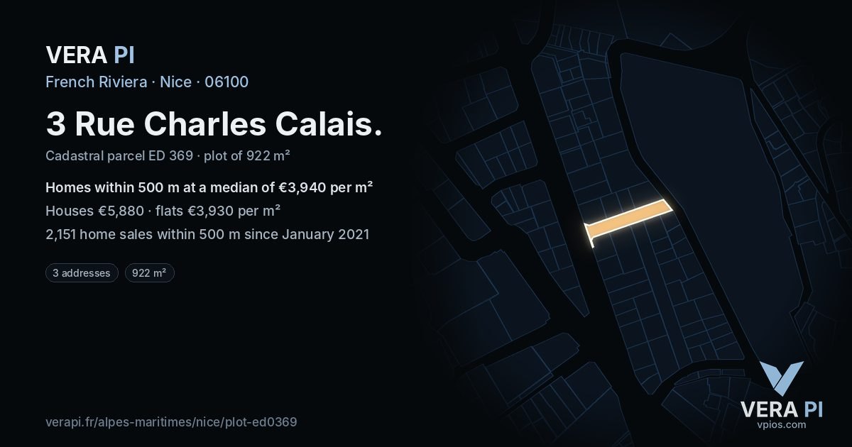 3 Rue Charles Calais, Nice at night – the plot lit, the parcels around coloured by the prices near them