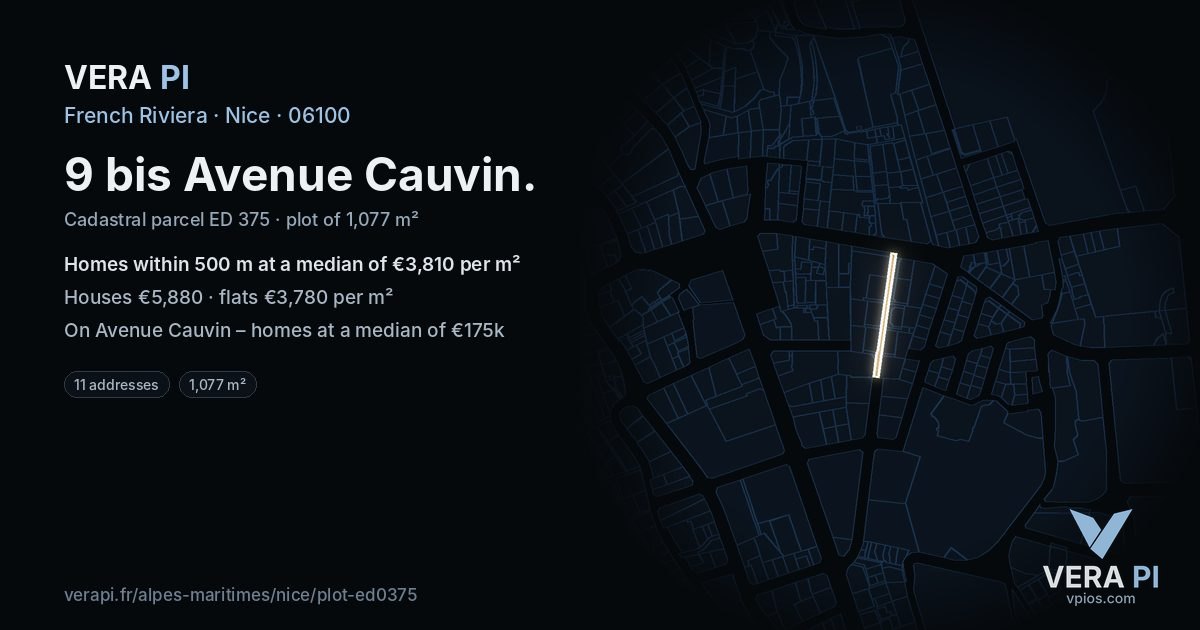 9 bis Avenue Cauvin, Nice at night – the plot lit, the parcels around coloured by the prices near them