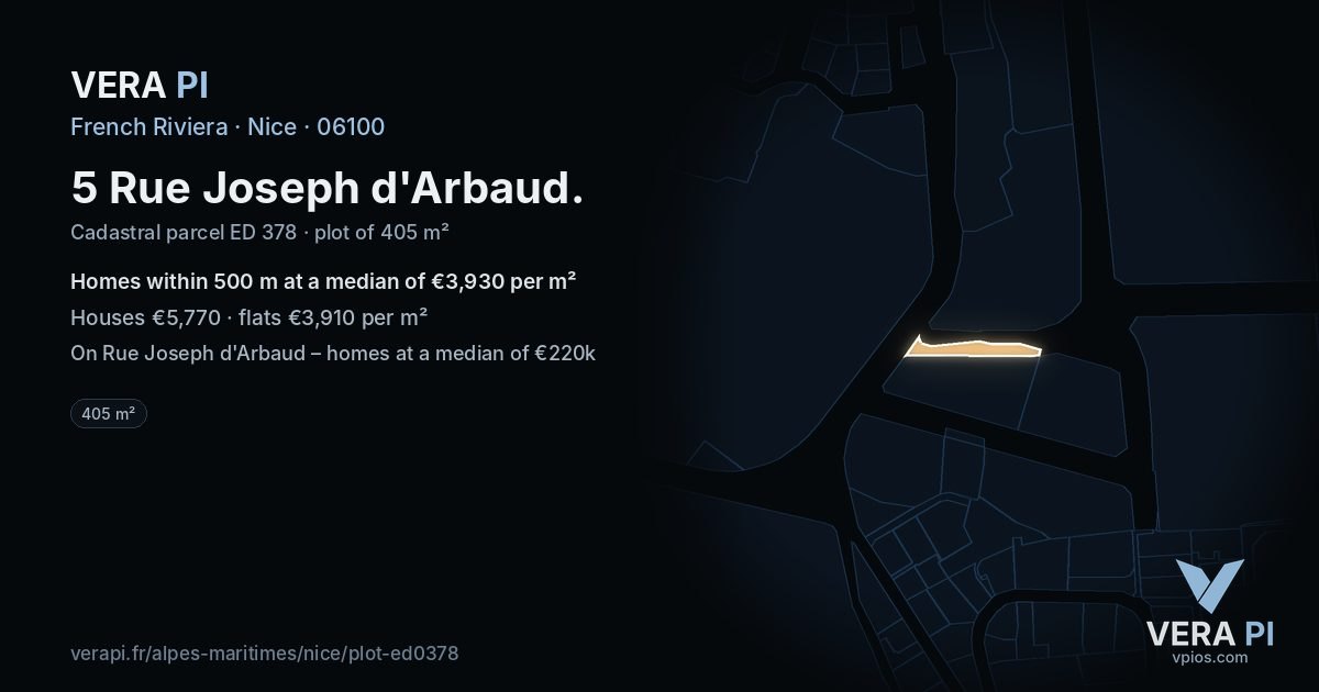 5 Rue Joseph d'Arbaud, Nice at night – the plot lit, the parcels around coloured by the prices near them
