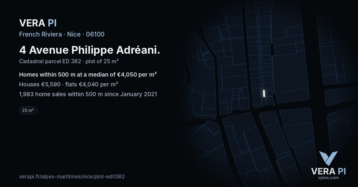 4 Avenue Philippe Adréani, Nice at night – the plot lit, the parcels around coloured by the prices near them