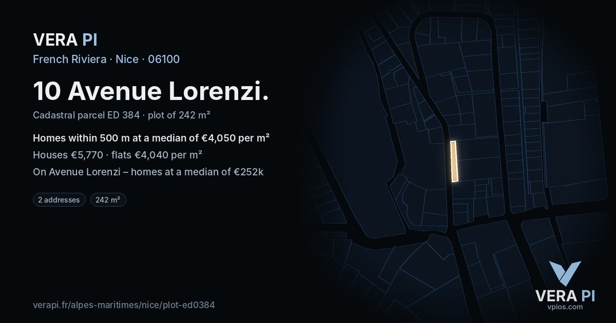 10 Avenue Lorenzi, Nice at night – the plot lit, the parcels around coloured by the prices near them