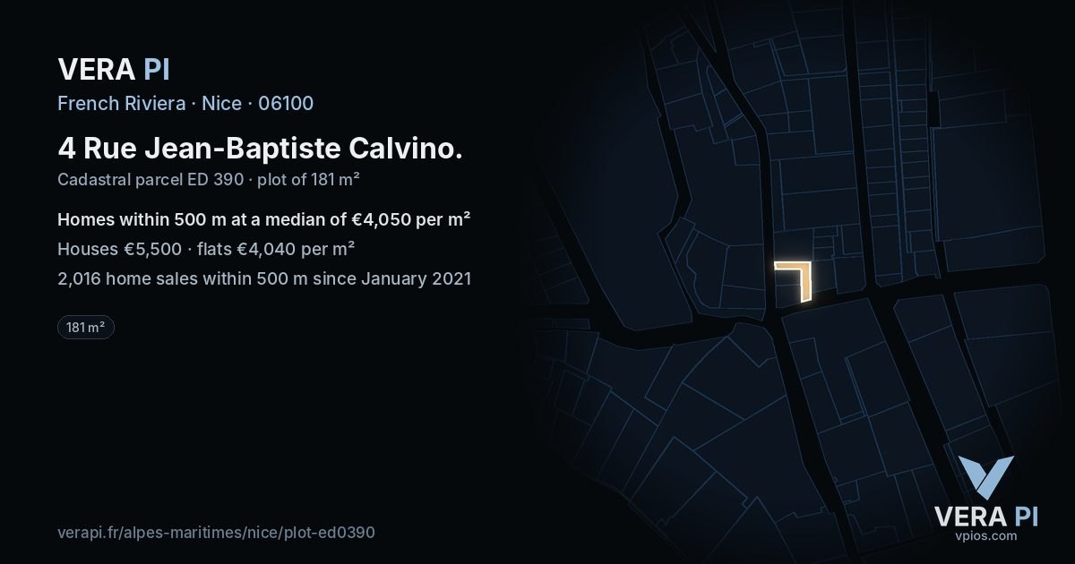 4 Rue Jean-Baptiste Calvino, Nice at night – the plot lit, the parcels around coloured by the prices near them