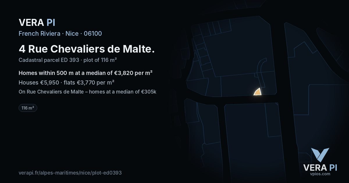 4 Rue Chevaliers de Malte, Nice at night – the plot lit, the parcels around coloured by the prices near them